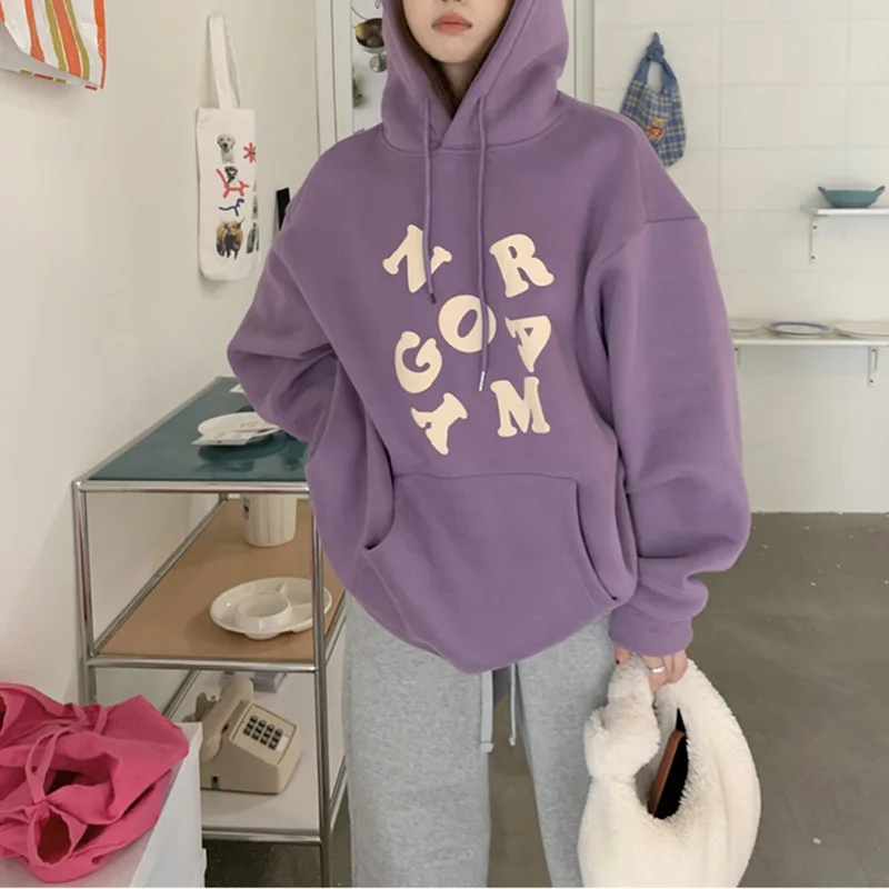 Letter Print Hoodie Women Korean Casual Y2k Long Sleeve Pullover Tops Hood Shirt Autumn Winter Harajuku Oversize Sweatshirt New