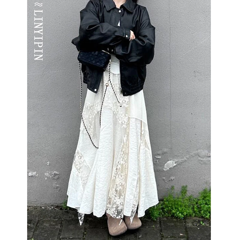 

Korean Style New Arrival Summer Women Loose Casual Lace Patchwork A-line Skirt High Waist Asymmetrical Ankle-length Skirts T97