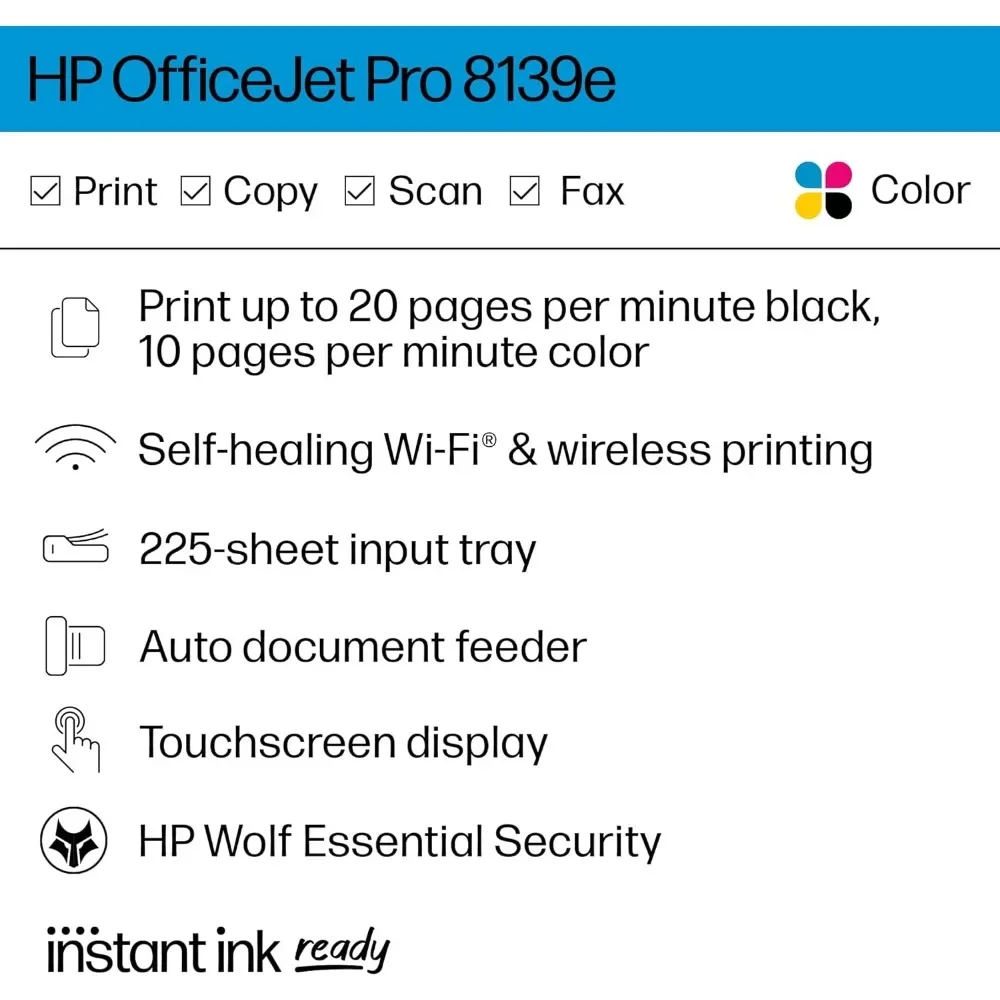 OfficeJet Pro 8139e All-in-One Impressora Colorida, Impressora para Casa, Impressão, Cópia, Digitalização, Predefinição, Tinta Instantânea, Tinta