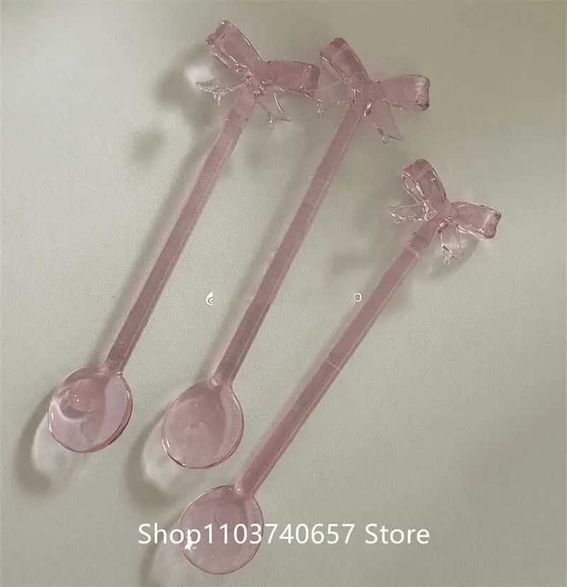 Pink Bow  Glass Spoon Borosilicate Heat-resistant Glasses Stirring Spoon For Coffee Milk  Juice  DessertSpoon