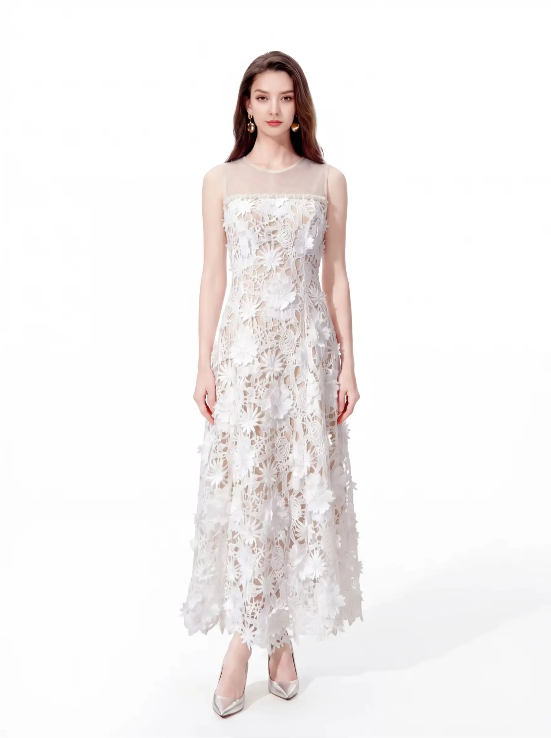 

Luxury Beading Flower Embroidery Long Sleeveless Dress for Women Summer Hollow out Slim A-Line Evening Party Gown