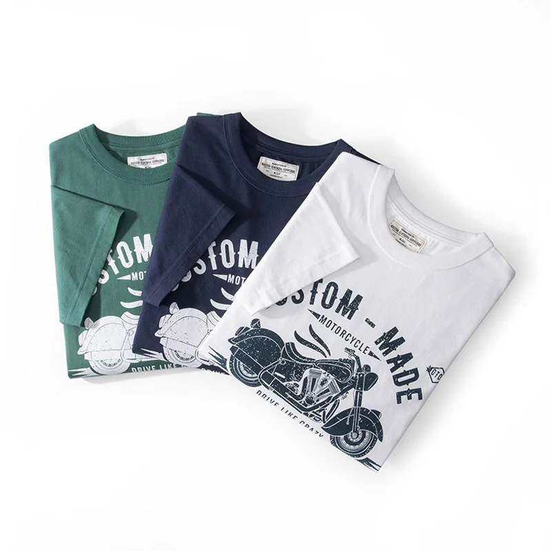 Summer American Retro Heavyweight Short-sleeved O-neck Motorcycle Printed T-shirt Men's Fashion 100% Cotton Washed Casual Tops