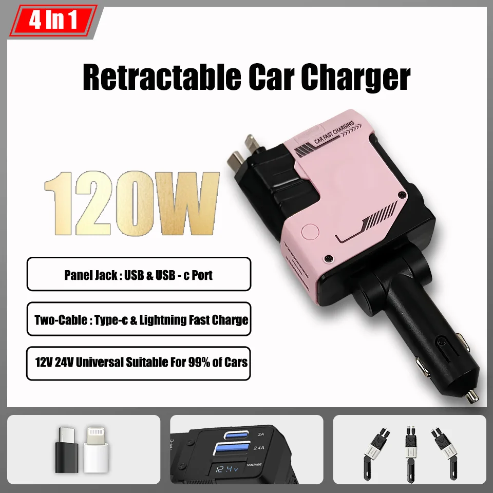 

Retractable 120 Watt Car Charger 4-Port Ultra Fast Charger for 99% of Cars and Cell Phones Comes with Type-c and Lightning Cable