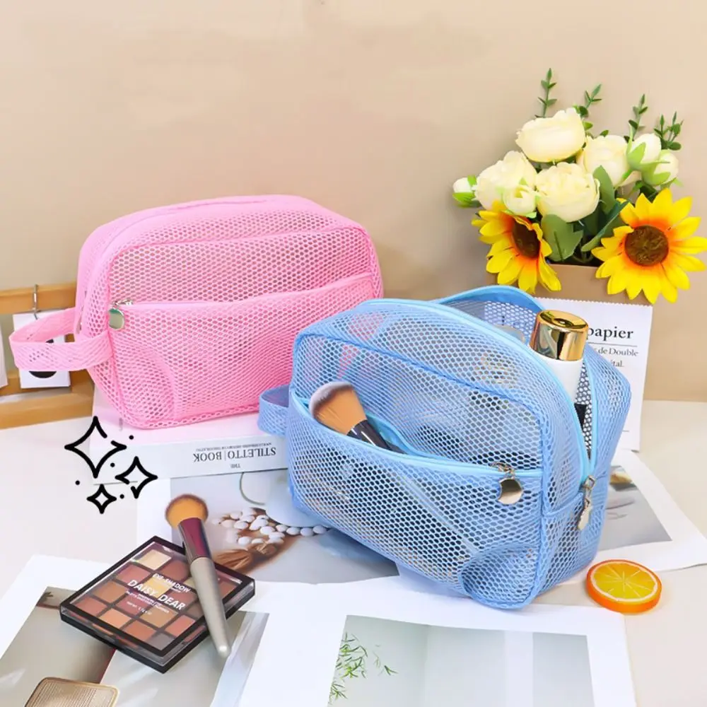 

Portable Mesh Makeup Bag Lightweight Square Transparent Mesh Cosmetic Bag Zipper Large Capacity Travel Wash Bag