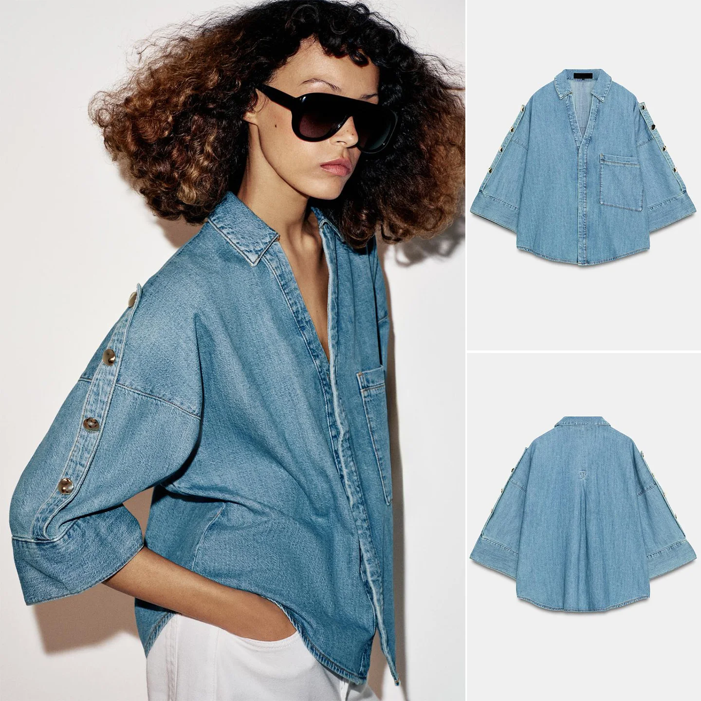 

Spring New Women's Casual Style Asymmetric Hem V-Neck Wide Sleeve Denim Shirt Loose Fit Polyester Fiber Breathable Skin-Friendly