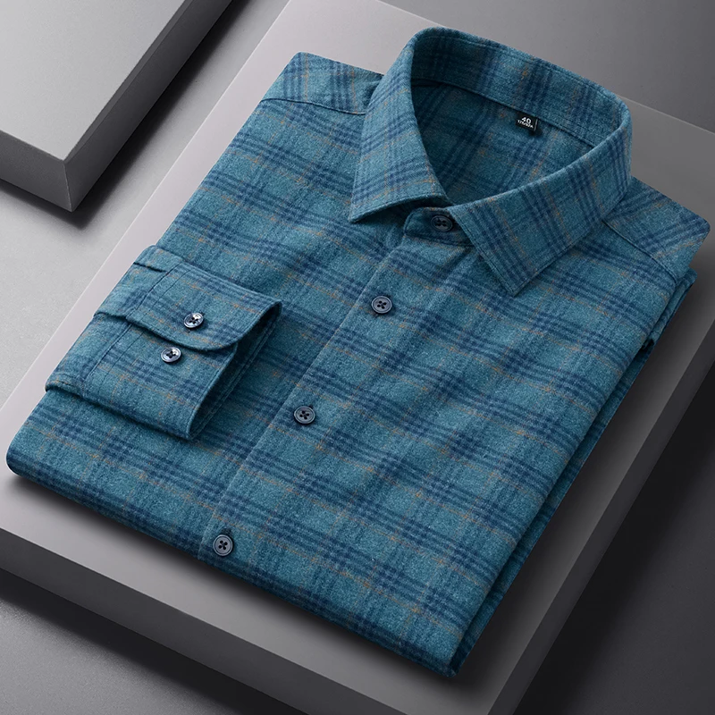 Camicia in puro cotone 100% Camicia a quadri da uomo Manica lunga Regular Fit Uomo Casual morbida e confortevole Flanella Camicie sociali Abbigliamento uomo