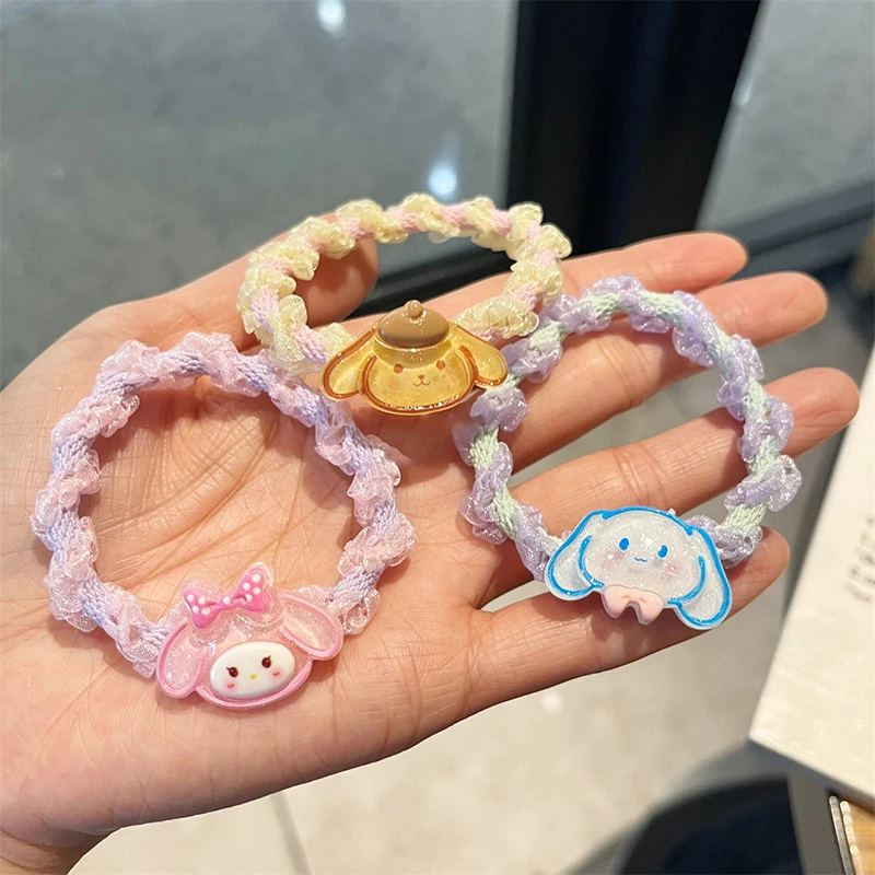 Anel de Cabelo Elástico Kawaii Sanrio, Hello Kitty Lace Hair Rope, Doce Kuromi Melody Cinnamoroll Scrunchies, Rosto Lavar O Círculo De Cabelo