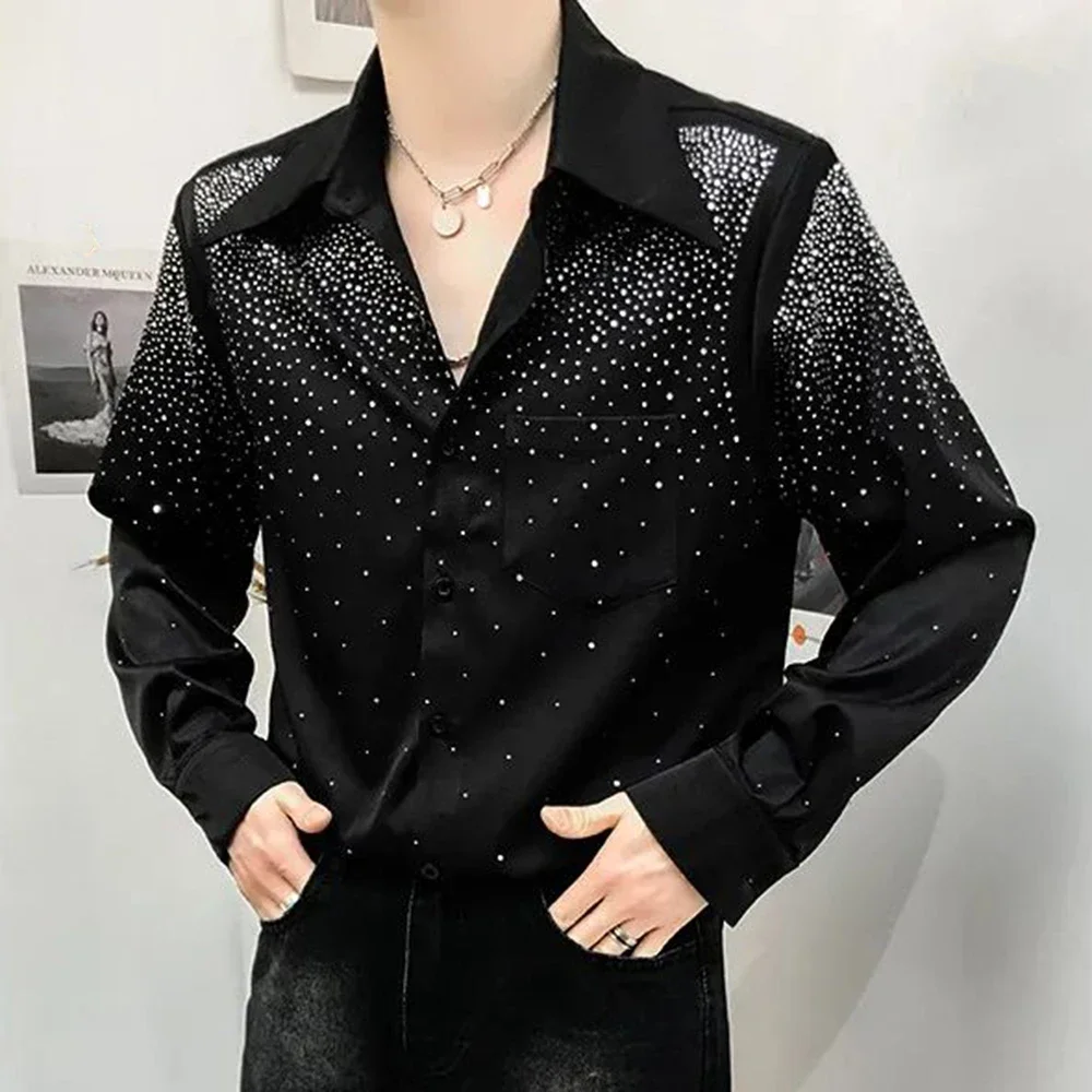 Mens Sexy Diamond Shoulder Pad Shirt Autumn Genderless Fashion Lazy Style Nightclub Performance Loose Long Sleeve Shirt Unisex