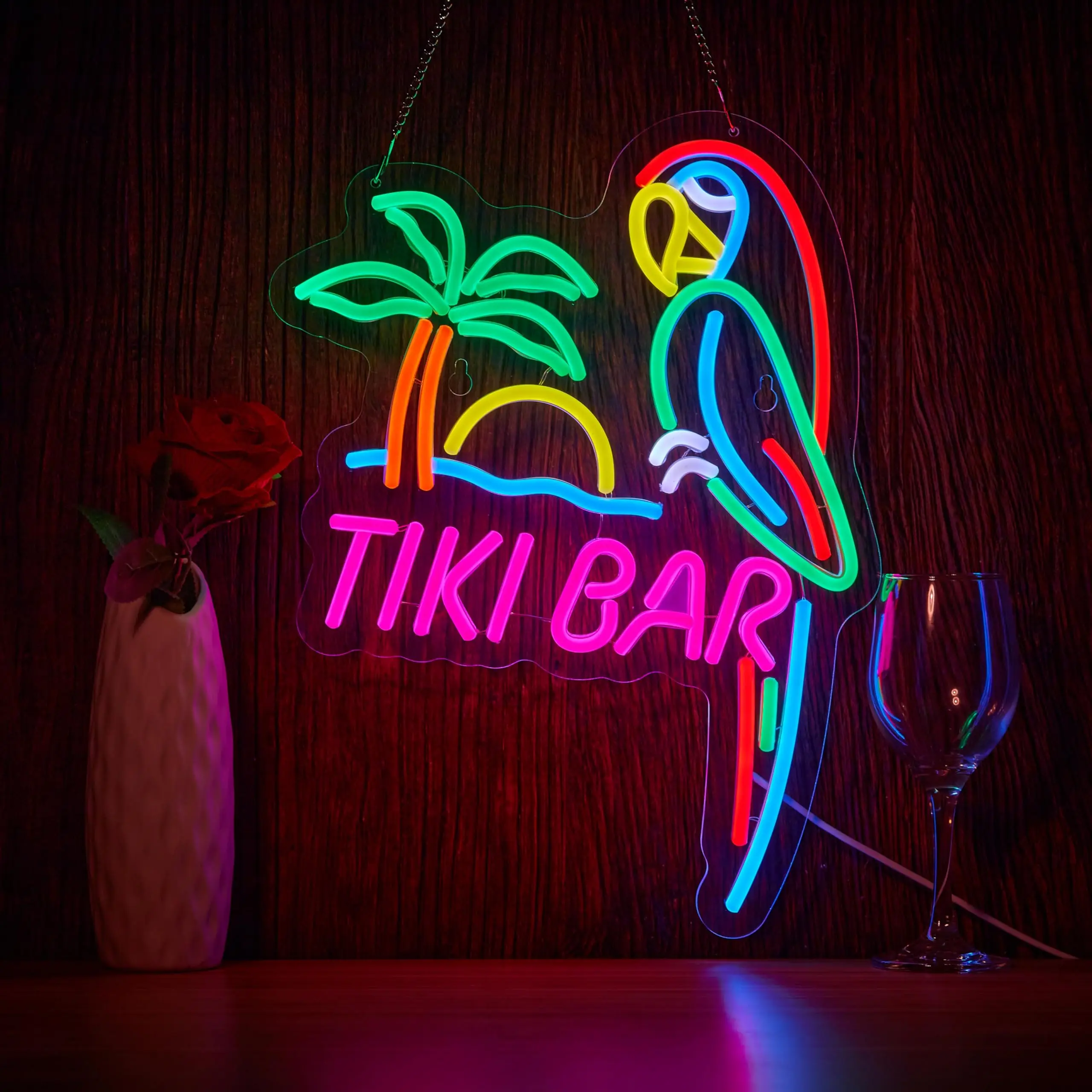 

Tiki Bar Parrot Neon Sign, USB Powered LED Wall Light with Dimmable Switch for Party Pool Bar Decor