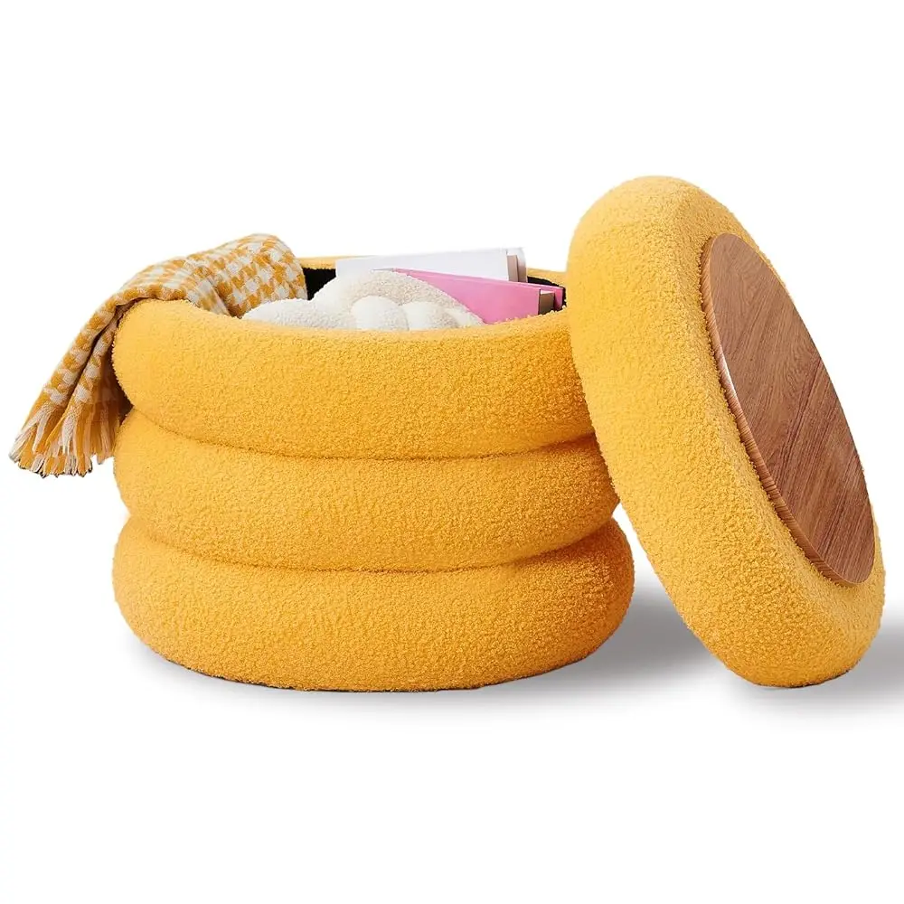 Round Storage Ottoman, Modern Sherpa Footstool, Teddy Vanity Stool With Flip-Top Tray, Makeup Chair For Home Decor, Upholstered