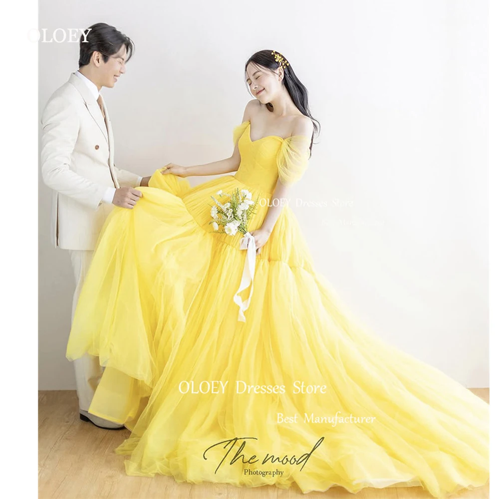 OLOEY Fairy Yellow A Line Long Prom Dresses Korea Wedding Photoshoot Sweetheart Off Shoulder Sleeves Tiered Elegant Evening Gown