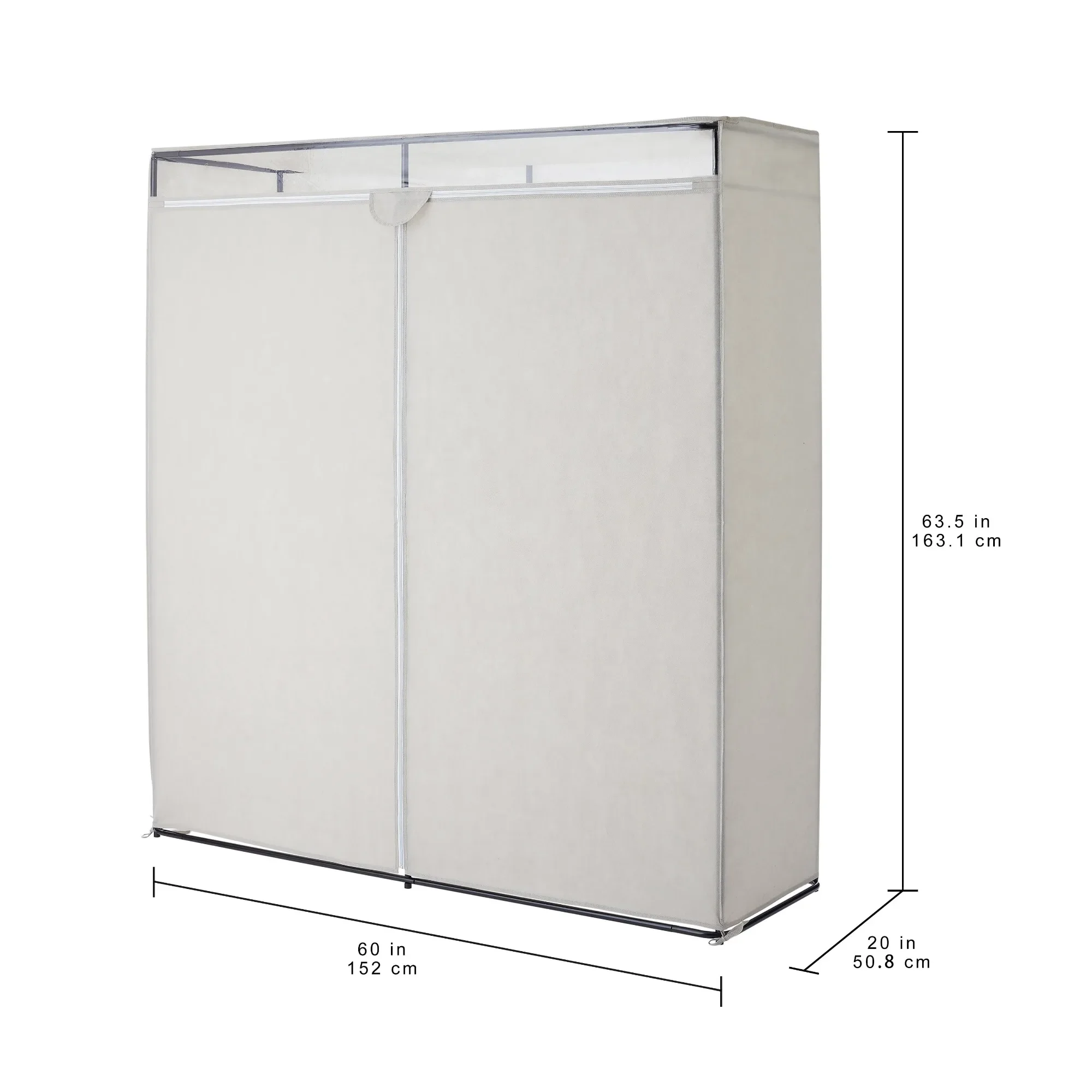 単層洋服クローゼット、60インチ、エクストラワイド。 スチールフレーム、グレー軽石、ジッパー付きカバー。 大人用、省スペース