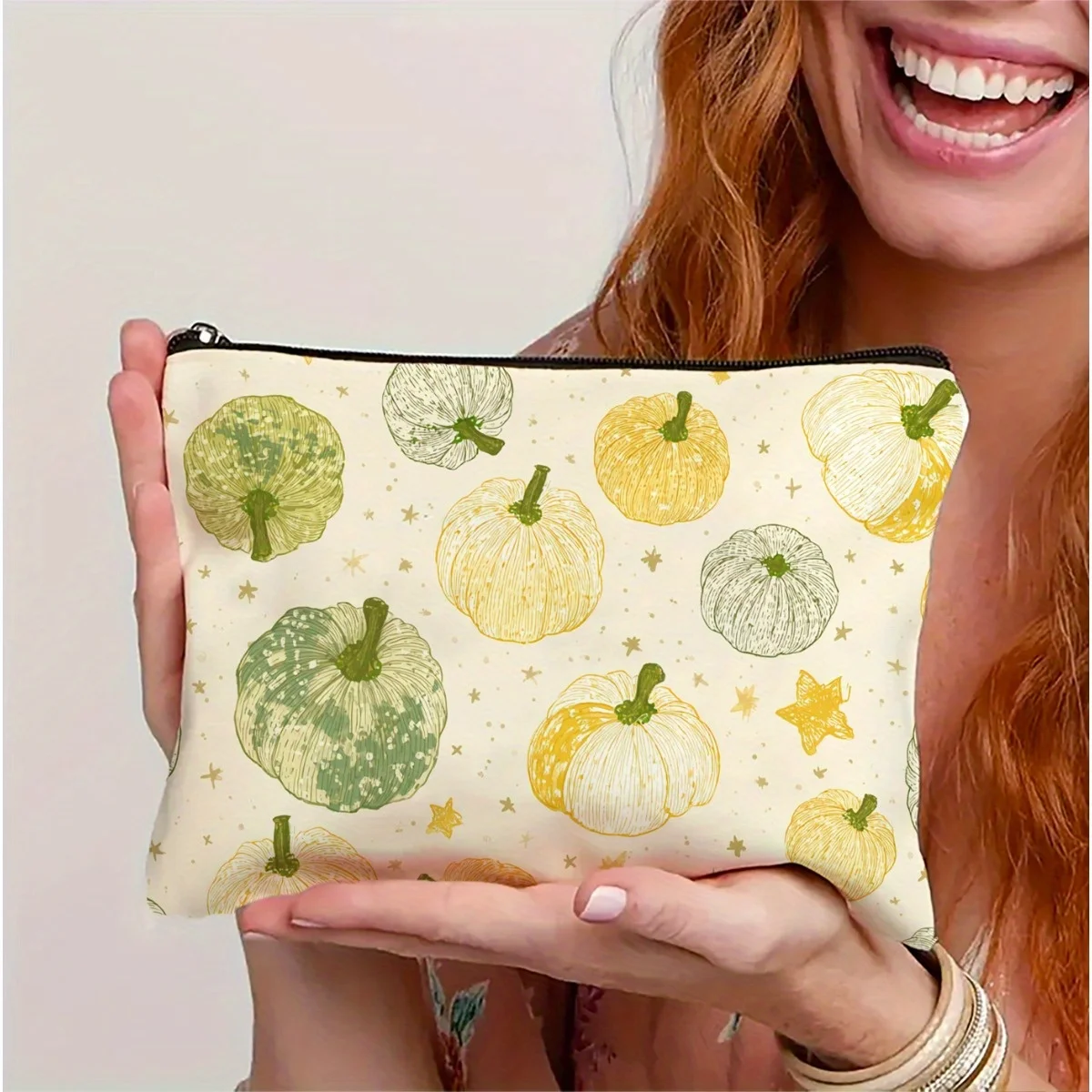 Una bolsa de maquillaje con estampado de calabaza y hojas de Acción de Gracias: bolsa multifuncional con cremallera, bolsa de almacenamiento de joyas, cremallera de viaje perfecta pequeña