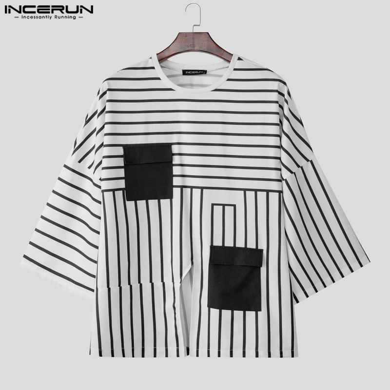 

INCERUN Мужская рубашка в полоску в стиле пэчворк с круглым вырезом и рукавами 3/4, свободная мужская одежда, уличная одежда в корейском стиле, модные повседневные топы, мужские рубашки