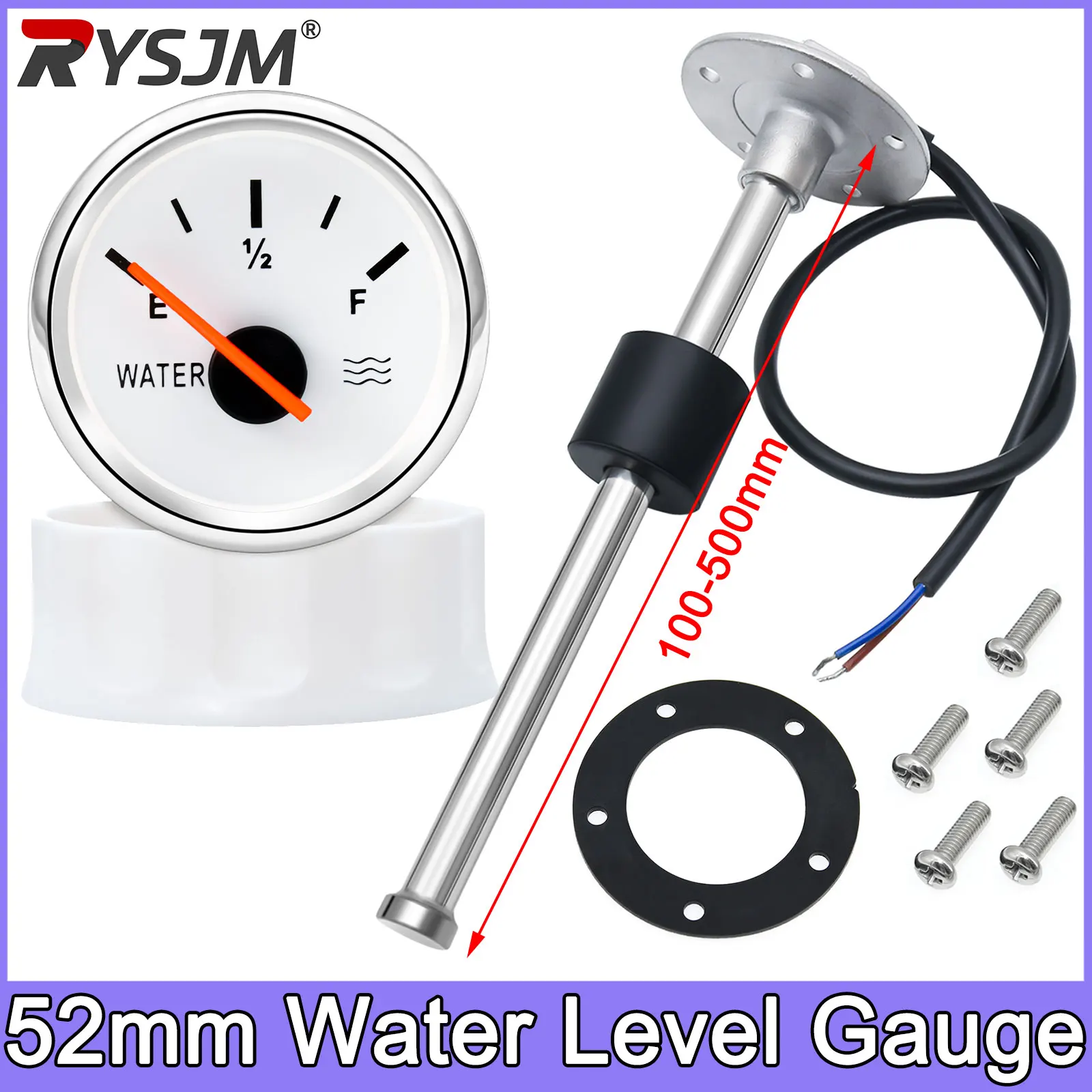 52mm Water Level Gauge Red Backlight 0-190ohm Water Level Sensor 100mm-500mm Water Level Meter Indicator for Universal Car