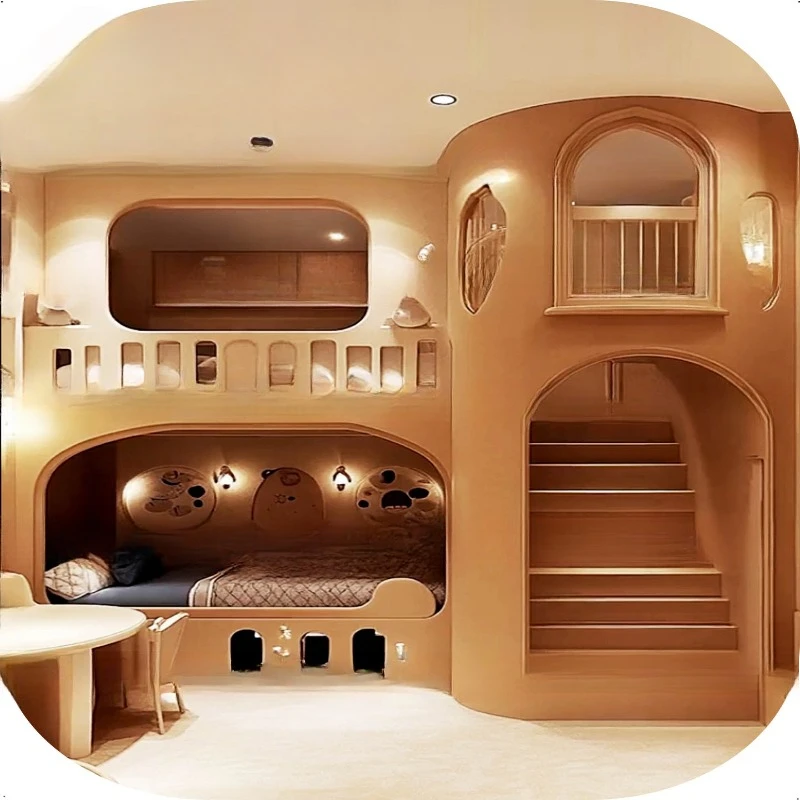 Log wind tree house   bed, solid wood wind forest bed, staircase second floor double be d