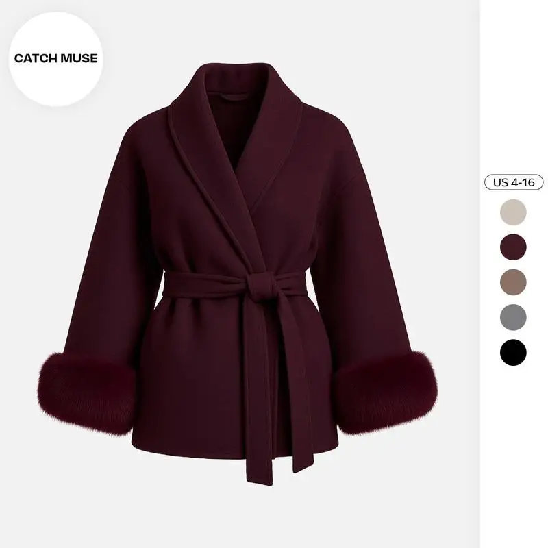 Elegant Women's Fuzzy Cuff Waist Tie Coat Stylish Medium-Length Woolen Outerwear for Summer Season Suitable for Mature Women