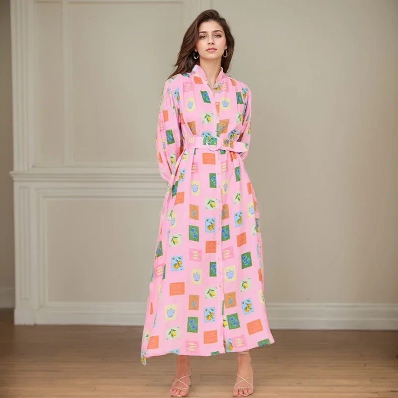 أنيقة مطبوعة الخصر فقاعة الصدر فستان طويل ضرب اللون عادية نصف الياقة المدورة قمصان طويلة الأكمام المرقعة حزام فساتين