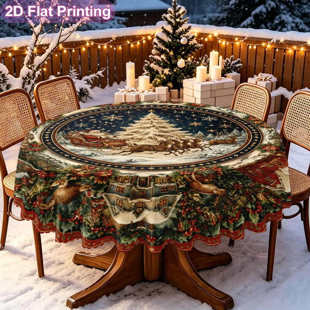 Santa Claus Sleigh Christmas Scene Plate Printed Decorative Tablecloth, Winter Themed Table Cover