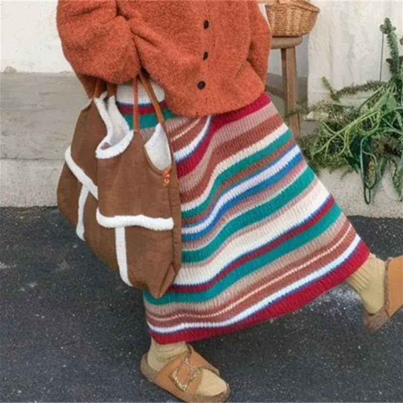 

Japanese Rainbow Striped Knitted Mid-length Skirt Women 2025 Winter New Streetwear High Waist All-match Casual A-line Skirt