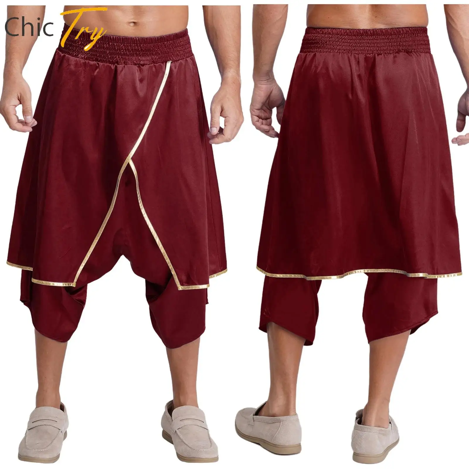 

Mens Halloween Arabian Prince Cosplay Costume Arab Hippie Harem Pants Metallic Trim Loose Lantern Pants Party Carnival Costumes