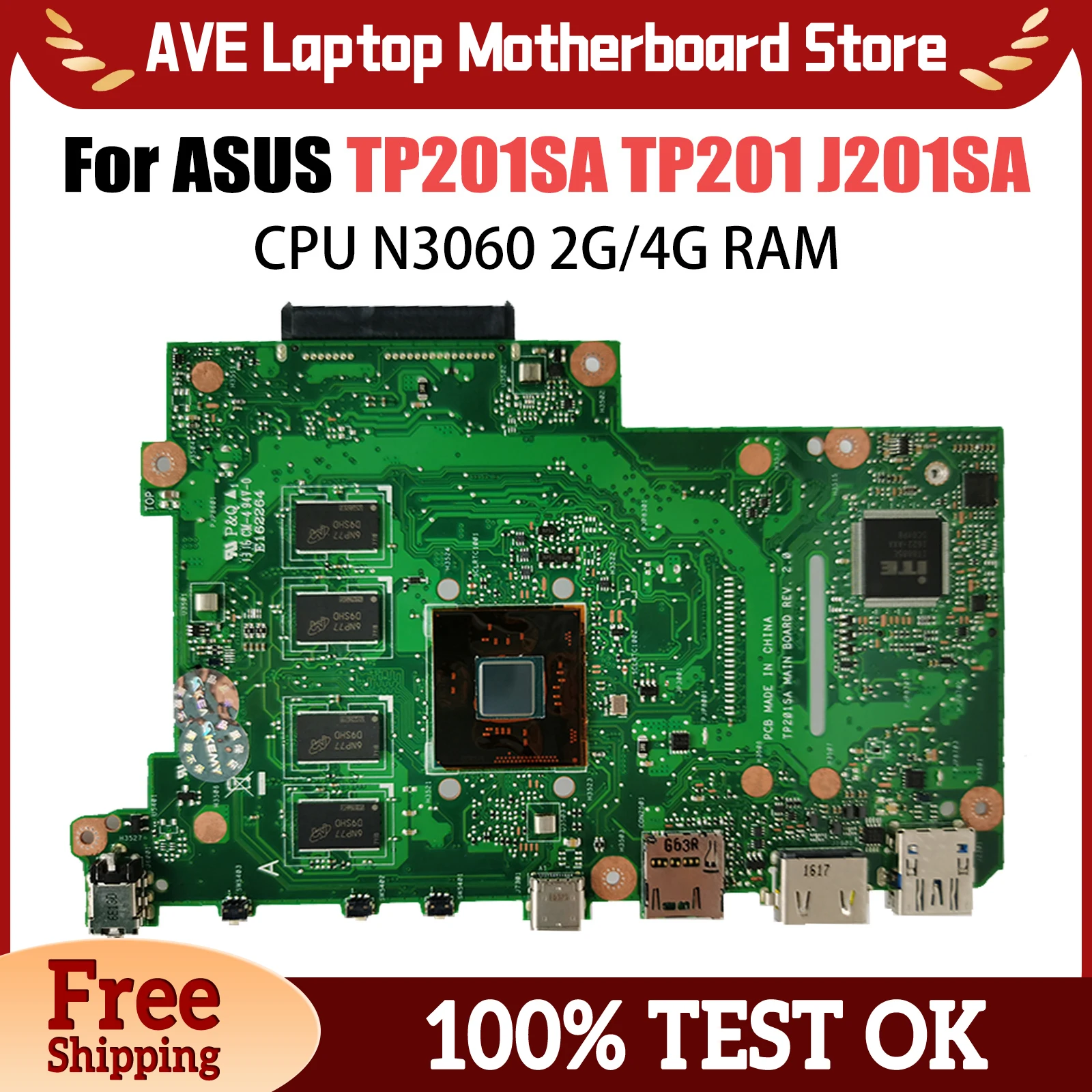 Notebook Mainboard For ASUS Flip VivoBook TP201 TP201SA J201SA Laptop Motherboard N3060 CPU 2G 4G RAM Systemboard