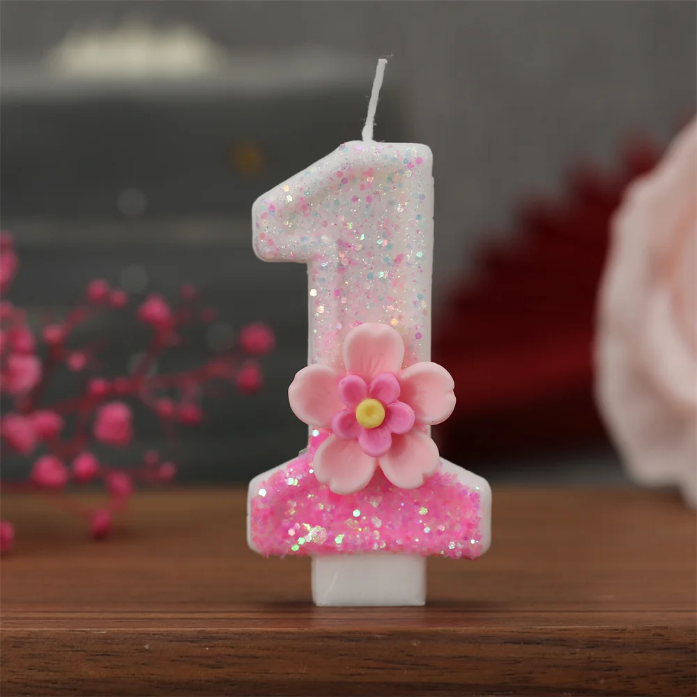 Gradient Pink 3D Number Candles Decoration Floral Glitter Digital Candles Cake Topper Baking Celebration Birthday Party Supplies