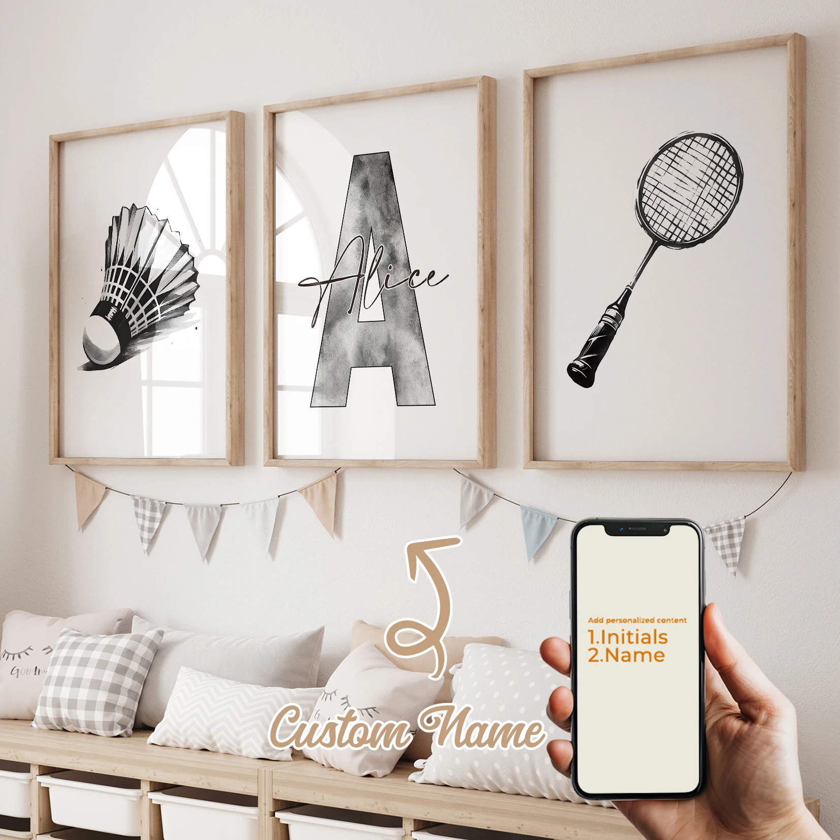 

Современный персонализированный настенный холст с именем и изображением ракетки для бадминтона, постер, картина для детской комнаты, спальни, домашнего декора