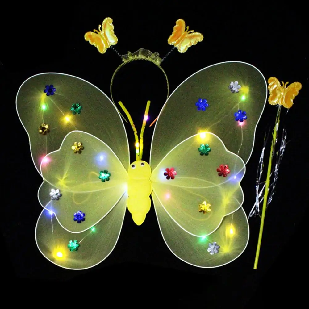 3Pc/set Glowing Butterflies Wing Colorful Lighting Head Band Fairy Wand Light Up 20 LEDs Kids Performance Props Girls Fairy Wing