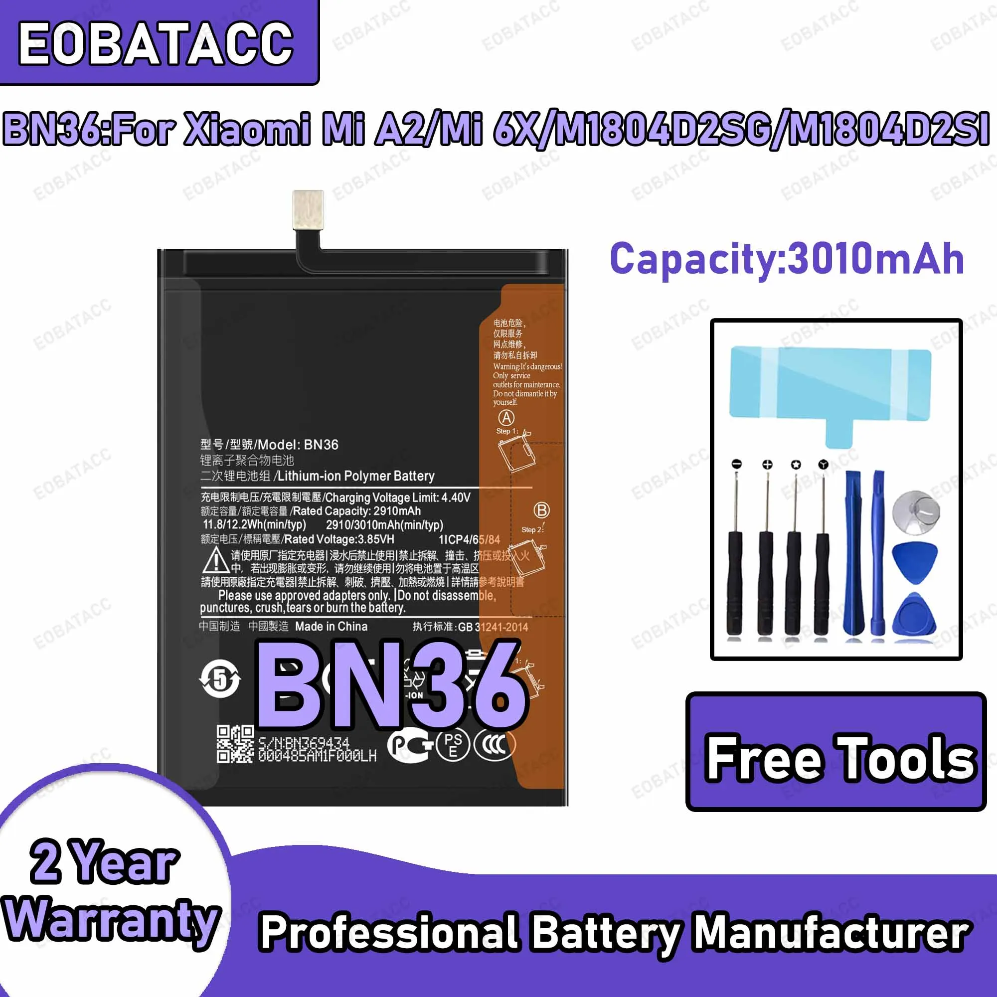 3010mAh BN36 Replacement Battery for Xiaomi Mi A2/Mi 6X/M1804D2SG Repair Tools Kit