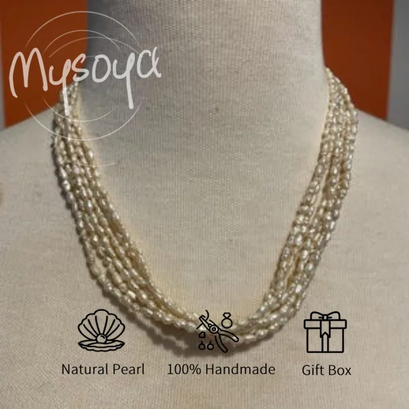 

MYSOYA Six-Strand White Rice-shaped Baroque Freshwater Pearl Necklace 2-3mm With Gift Box For Her/Him For Birthday/ Wedding