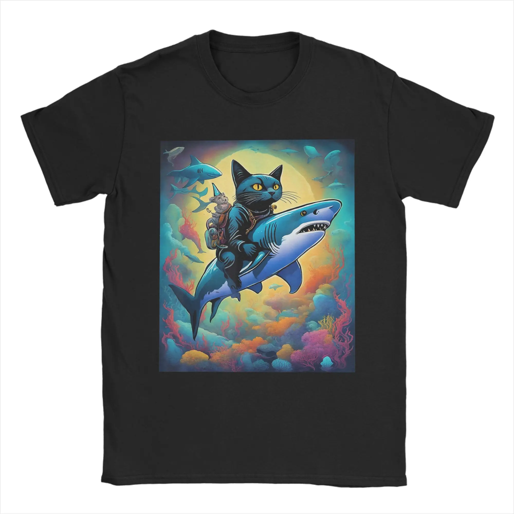 Cat Hunting Shark T-Shirts for Men  Vintage 100% Cotton Tee Shirt Crewneck Short Sleeve T Shirts Adult Clothing