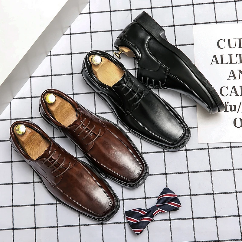 High Quality Business Men Dress Shoes Square head Male Casual Leather Shoes 2024 Lace Up Wedding Shoes Men Gentleman Derby Shoes