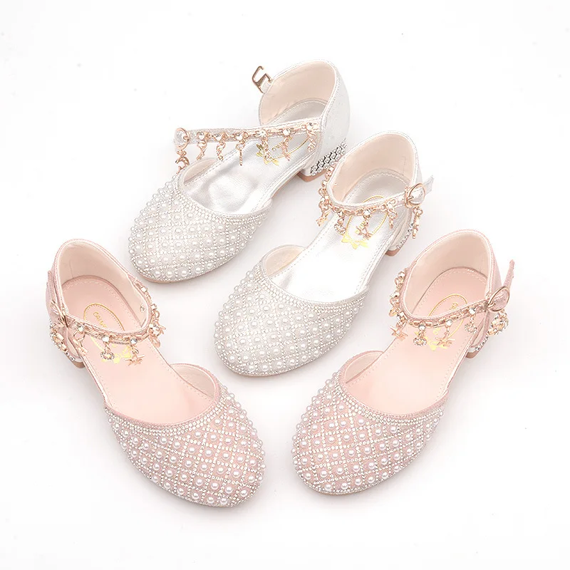 Girls High Heel Kids Sandals Pearl Teen Students Princess Crystal Party Performance Shoes Children Wedding Formal Dance Footwear