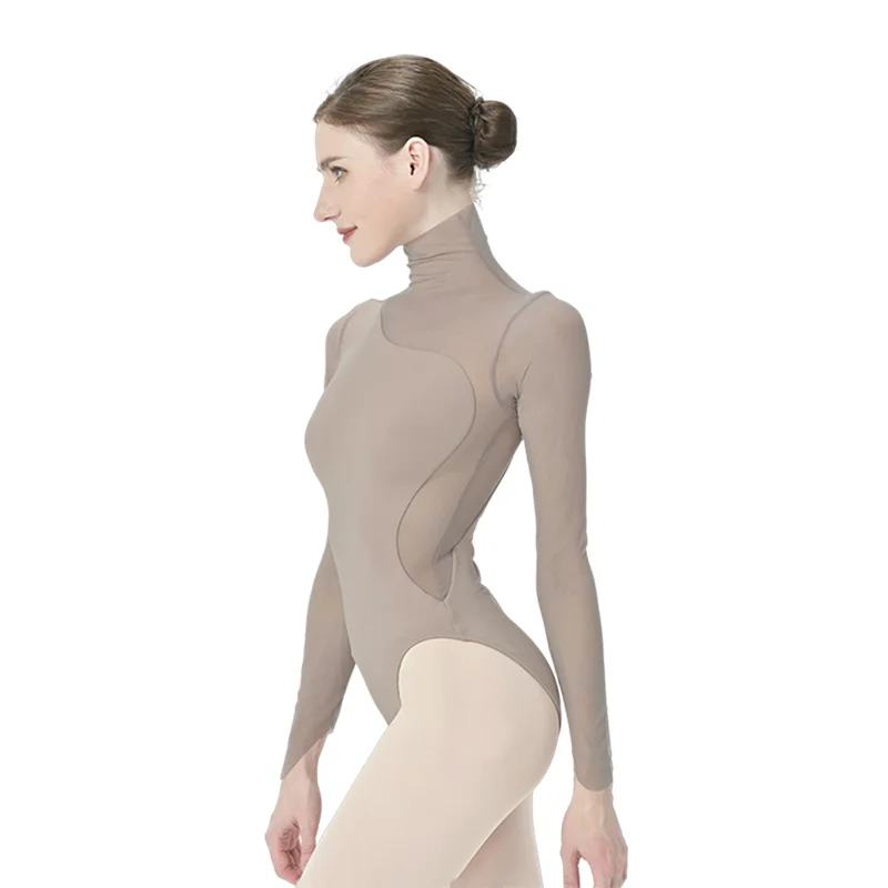 

New Women Ballet Leotards Slant collar and shoulder trackless Gymnastics Dance Leotard Long sleeve Mesh Splice Ballet Bodysuit