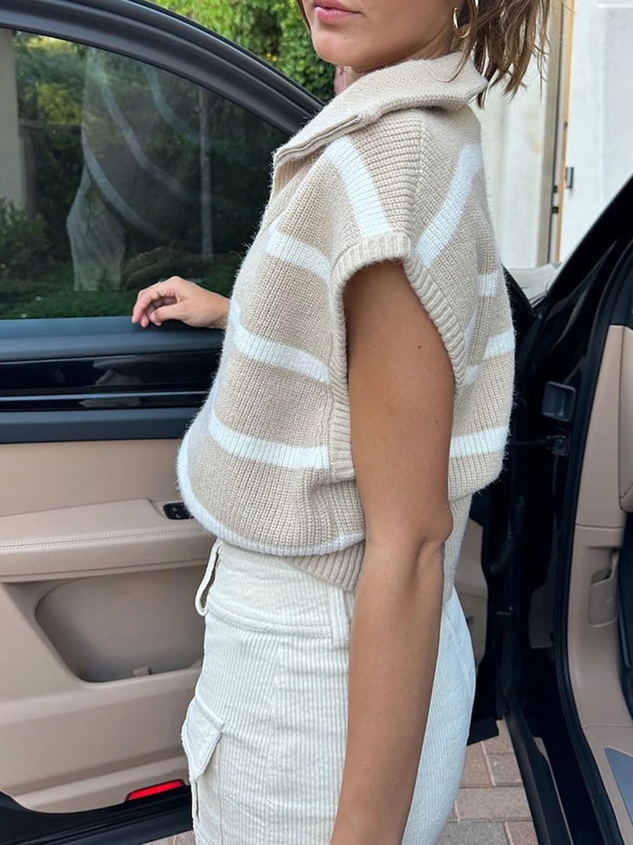 

Women Oversized Quarter Zip Pullover Cropped Sweater Vest Half Zip Cap Sleeve Fall Winter Crochet Sweater Tank Top