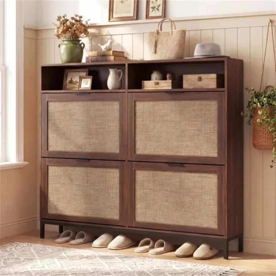 Boho Style Shoe Cabinet Cabinet With 4 Flip Drawers and Open Shelves, Freestanding Shoe Organizer For Entryway