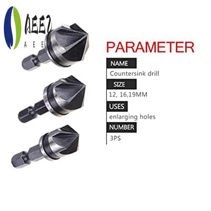 AEE2-3 PCS 1/4Inch Hex 12/16/19Mm Countersink Bore Set For Wood Metal Quick Change Bit Easy To Use