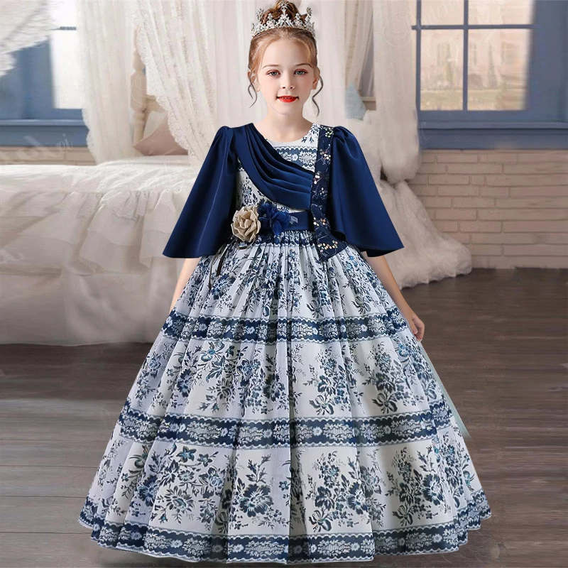 Girls\' chiffon retro princess dress 4-12 years old flower embroidery long dress banquet host fashion high-end performance dress