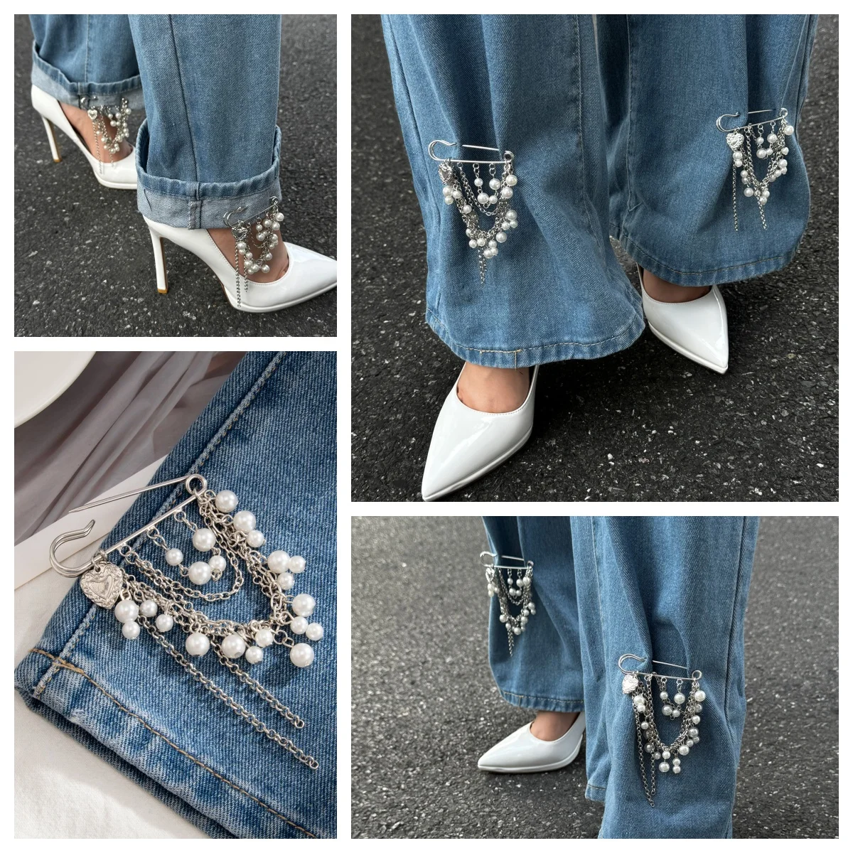 Imitation Pearl Heart Pendant Brooch Detachable Button Clasps Trouser Decor Brooch Tassel Adjustable Jean Fit Tighten Buckle