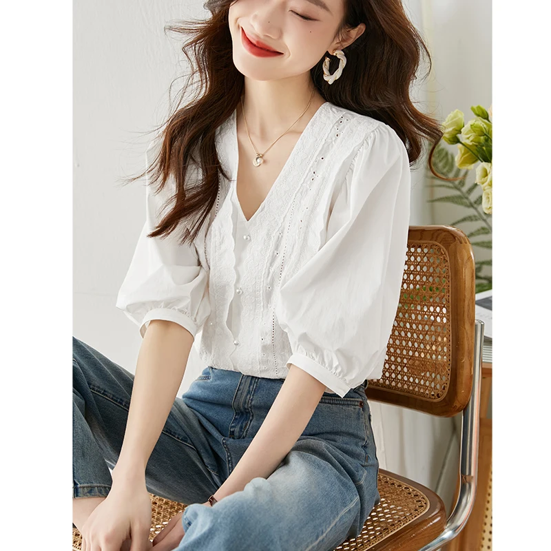 

Ele White Lace irt V-Ne Women's Inner Wear Top Sweet Sle Bubble Sve Hollow out Floral Patterned Autumn New Arrival