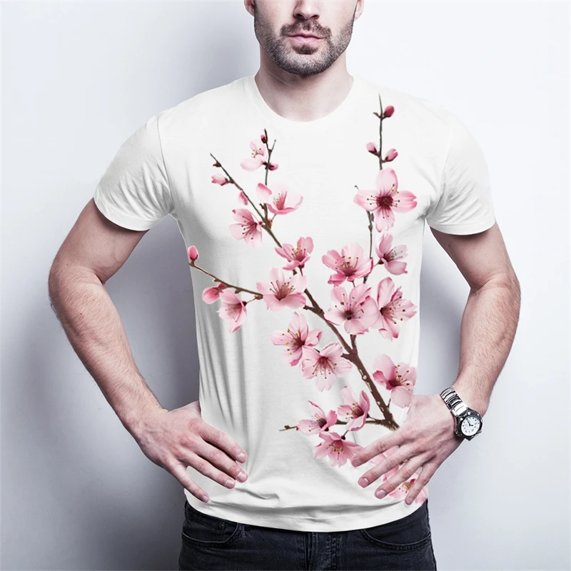

Japanese Cherry Blossom Pattern T Shirts Simple Fashion Streetwear 3D Floral Printed T-shirts Summer Casual Loose Men Women Tees