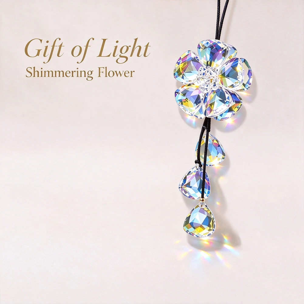 AB Crystal Five Leaf Flower Suncatcher Car Mirror Hanging Ornament Snowflake Prism Rainbow Maker Window Christmas Tree Decor