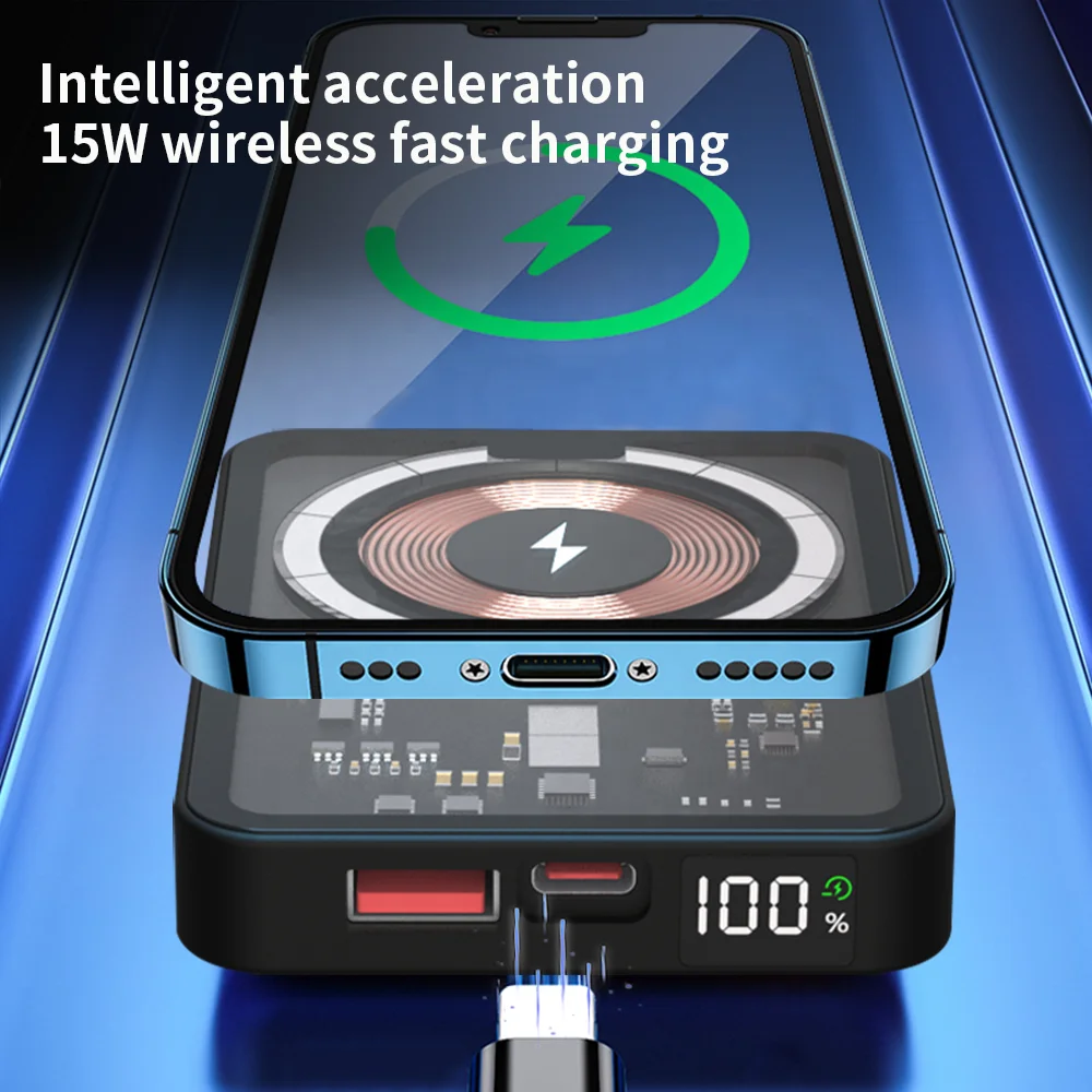 New Transparent Cyberpunk Portable Magnetic 15W 22.5W Fast Wireless Charging Large Capacity 5000mah 10000mah Power Bank