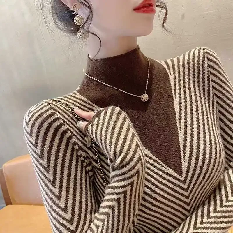 Women Clothing Fashion Slim V-neck Knit Pullovers Autumn Winter Vintage All-match Mock Neck Sweaters Office Lady  Tops