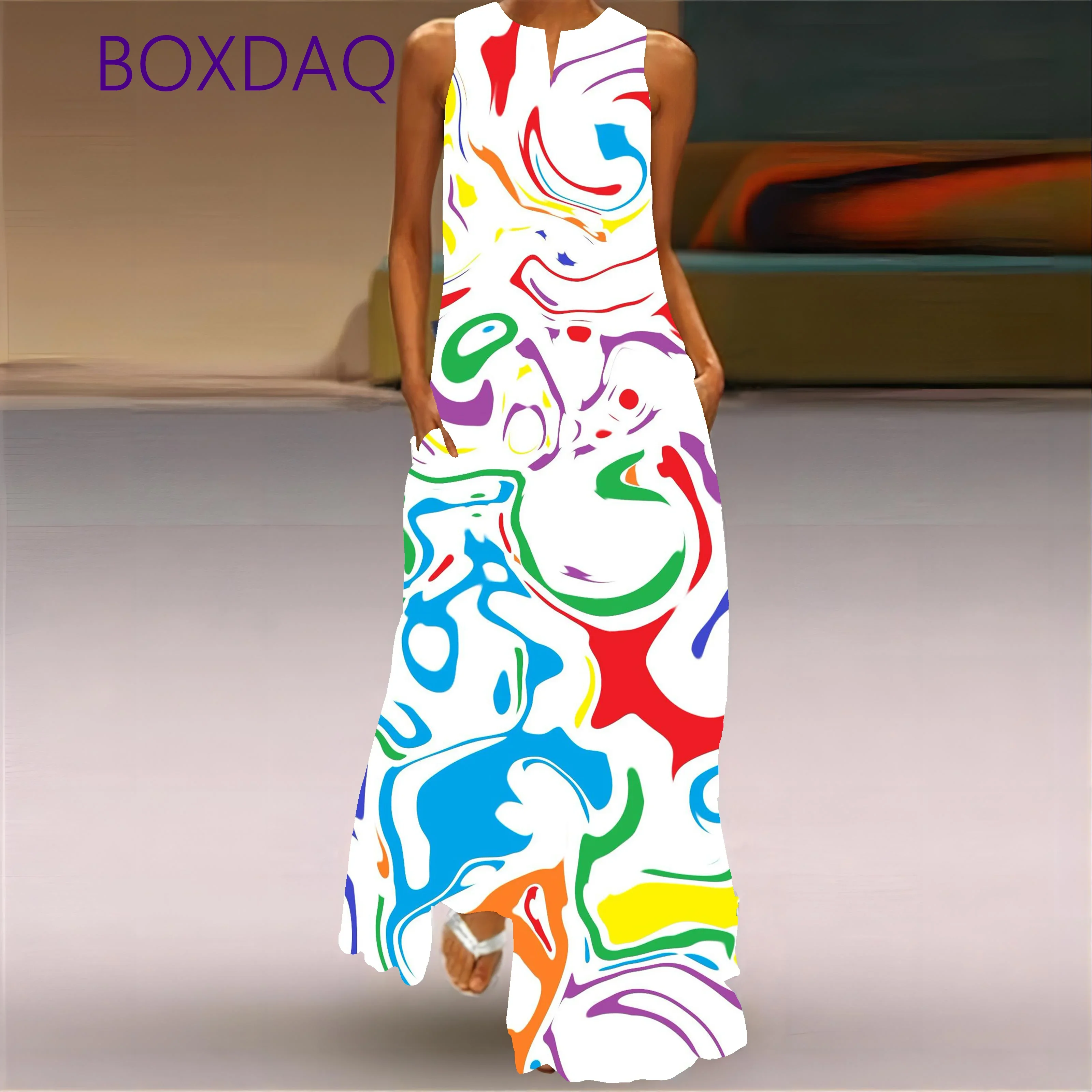 2025 جديد الخريف رداء خمر الأزهار المطبوعة فساتين طويلة للنساء موضة الخامس الرقبة فضفاضة بلا أكمام فستان غير رسمي #6