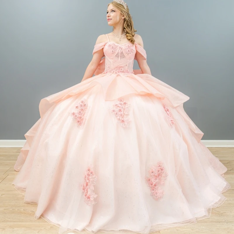 

Pink Shiny Quinceanera Dresses Ball Gown Off The Shoulder Applique Flower Beads Bow Tull Party Birthday Sweet 16 Dress Vestidos