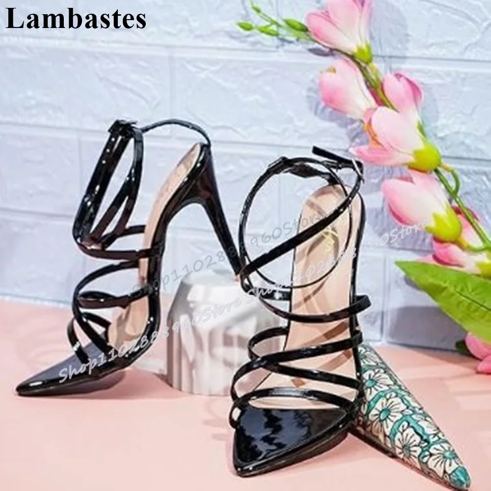 รองเท้าส้นสูงสตรีแบบส้นเข็ม สายรัดข้อเท้า เปิดนิ้วเท้า ดีไซน์หรูหรา ทันสมัย สีดำ ลายเส้นเล็ก ปลายแหลม