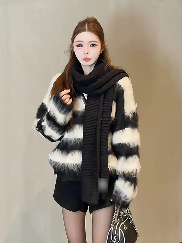 

Уникальный красивый ленивый цветной полосатый вязаный открытый кардиган, женский свободный свитер, весна 2026, Новое поступление