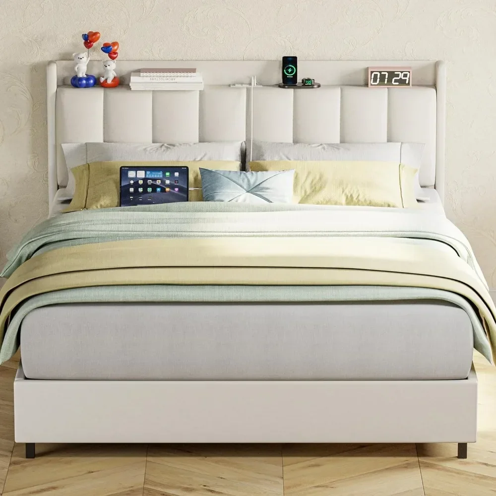 

Bed Frame Wooden Slat Support/No Box Spring Needed Gas Lift Up Storage Bed With Power Outlets White Full Size Bedroom Home